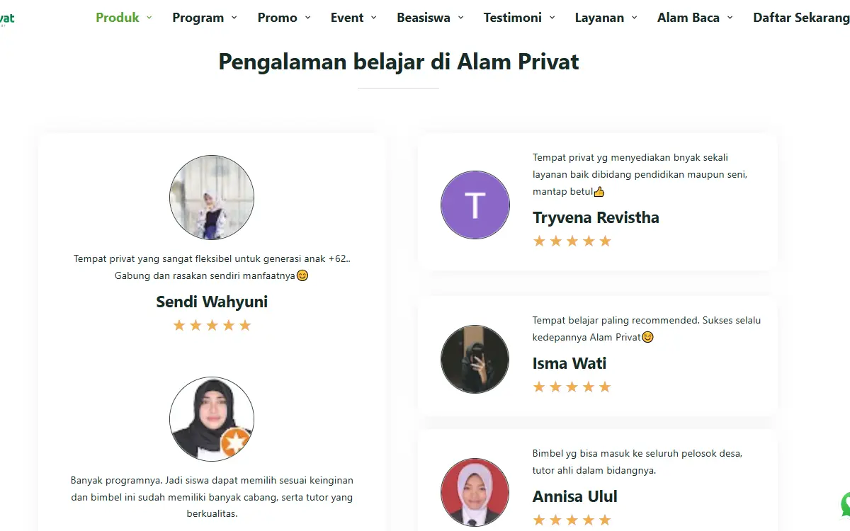 Desain Website Kursus Online 8 7 Testimonial Alam Privat